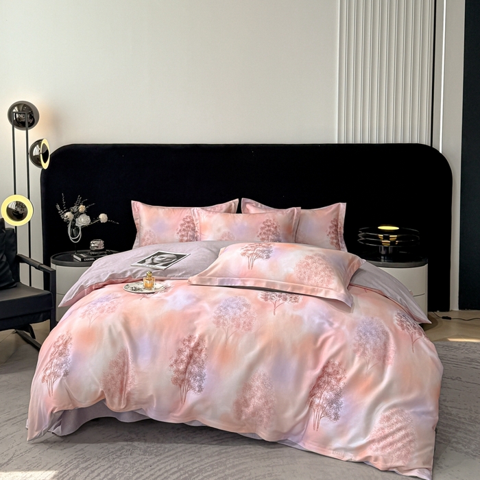 91家纺网 家纺一手货源 找家纺 喜四方 2025新款加厚天丝棉磨毛数码印花四件套 密林-粉