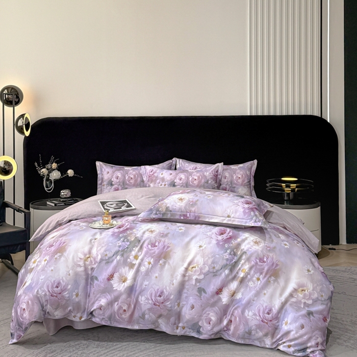 91家纺网 家纺一手货源 找家纺 喜四方 2025新款加厚天丝棉磨毛数码印花四件套 瑰丽-紫