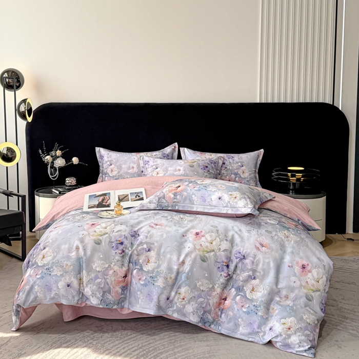 91家纺网 家纺一手货源 找家纺 喜四方 2025新款加厚天丝棉磨毛数码印花四件套 澜音花束-蓝