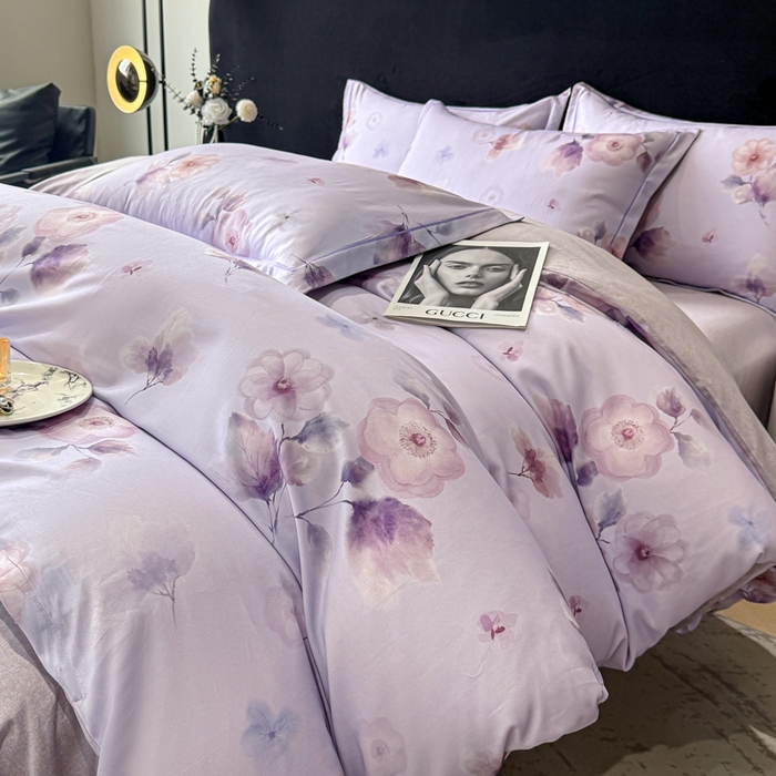 91家纺网 家纺一手货源 找家纺 喜四方 2025新款加厚天丝棉磨毛数码印花四件套 芙兰朵-紫