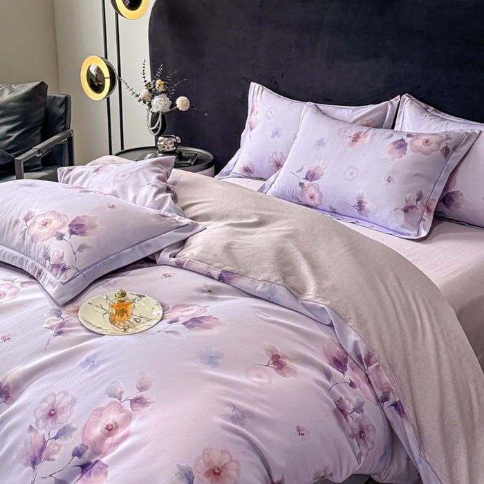 91家纺网 家纺一手货源 找家纺 喜四方 2025新款加厚天丝棉磨毛数码印花四件套 芙兰朵-紫