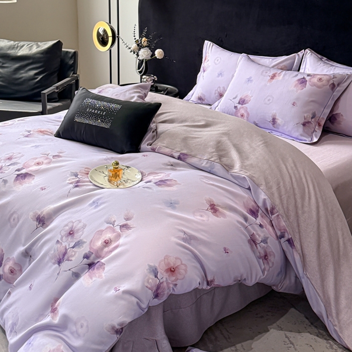 91家纺网 家纺一手货源 找家纺 喜四方 2025新款加厚天丝棉磨毛数码印花四件套 芙兰朵-紫