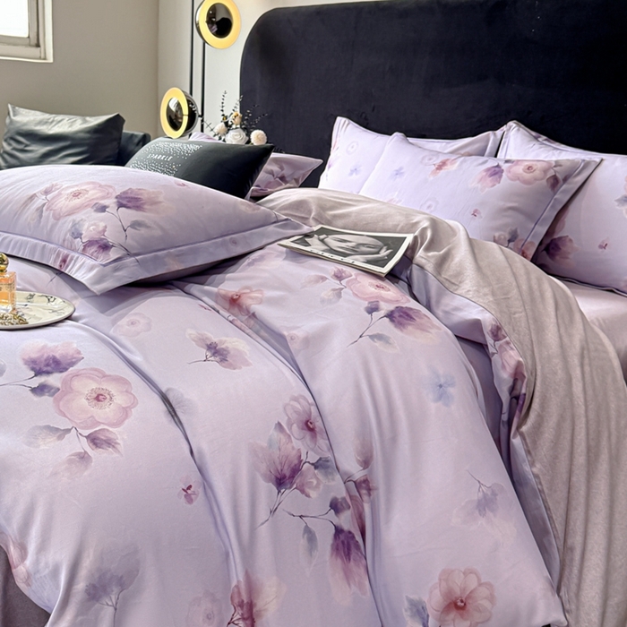 91家纺网 家纺一手货源 找家纺 喜四方 2025新款加厚天丝棉磨毛数码印花四件套 芙兰朵-紫