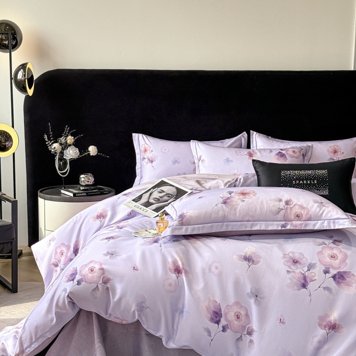 91家纺网 家纺一手货源 找家纺 喜四方 2025新款加厚天丝棉磨毛数码印花四件套 芙兰朵-紫