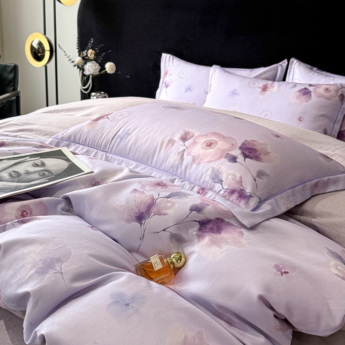 91家纺网 家纺一手货源 找家纺 喜四方 2025新款加厚天丝棉磨毛数码印花四件套 芙兰朵-紫