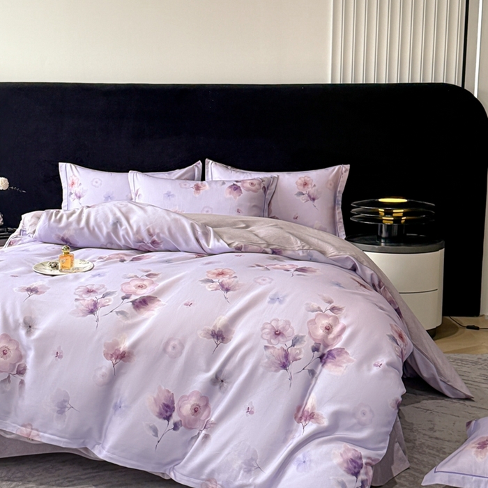 91家纺网 家纺一手货源 找家纺 喜四方 2025新款加厚天丝棉磨毛数码印花四件套 芙兰朵-紫