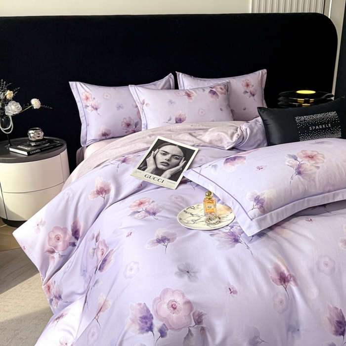 91家纺网 家纺一手货源 找家纺 喜四方 2025新款加厚天丝棉磨毛数码印花四件套 芙兰朵-紫