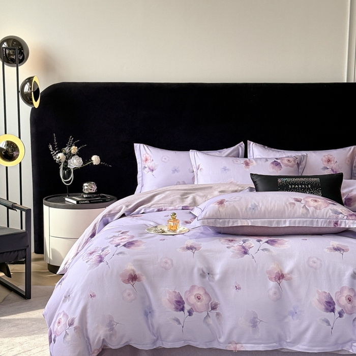 91家纺网 家纺一手货源 找家纺 喜四方 2025新款加厚天丝棉磨毛数码印花四件套 芙兰朵-紫