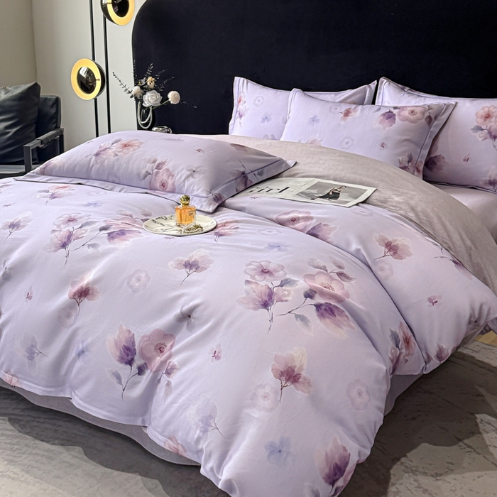 91家纺网 家纺一手货源 找家纺 喜四方 2025新款加厚天丝棉磨毛数码印花四件套 芙兰朵-紫