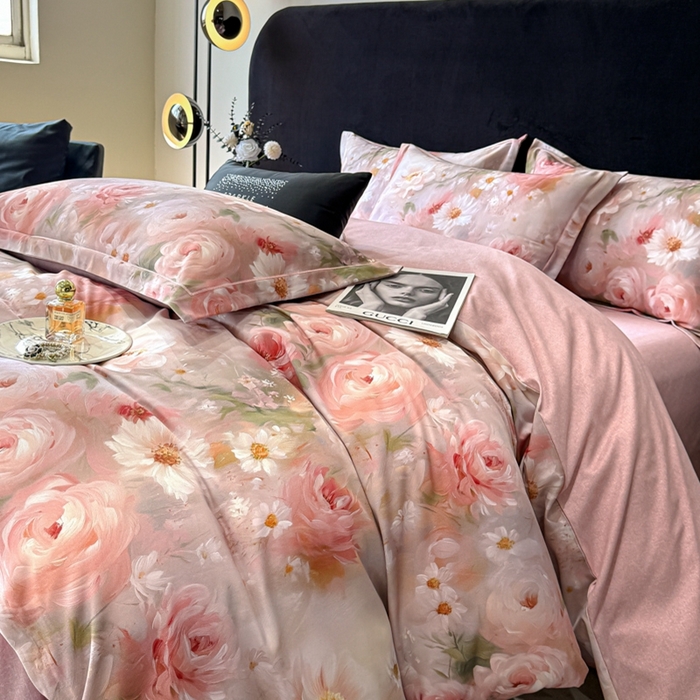 91家纺网 家纺一手货源 找家纺 喜四方 2025新款加厚天丝棉磨毛数码印花四件套 瑰丽-粉