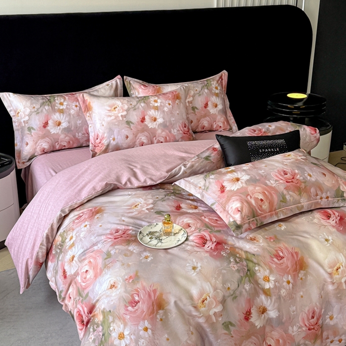 91家纺网 家纺一手货源 找家纺 喜四方 2025新款加厚天丝棉磨毛数码印花四件套 瑰丽-粉