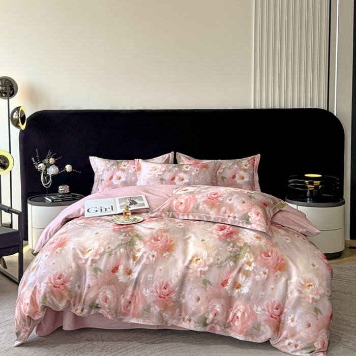 91家纺网 家纺一手货源 找家纺 喜四方 2025新款加厚天丝棉磨毛数码印花四件套 瑰丽-粉