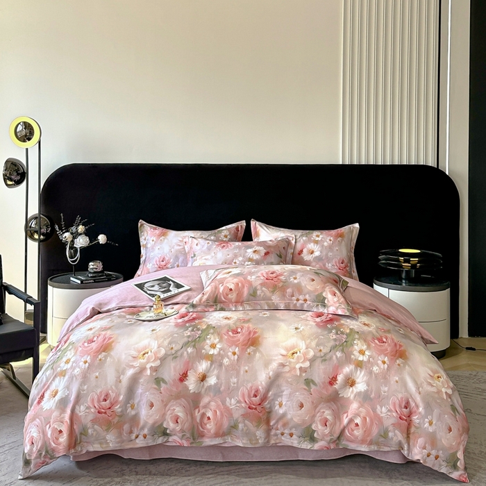 喜四方 2025新款加厚天丝棉磨毛数码印花四件套 瑰丽-粉