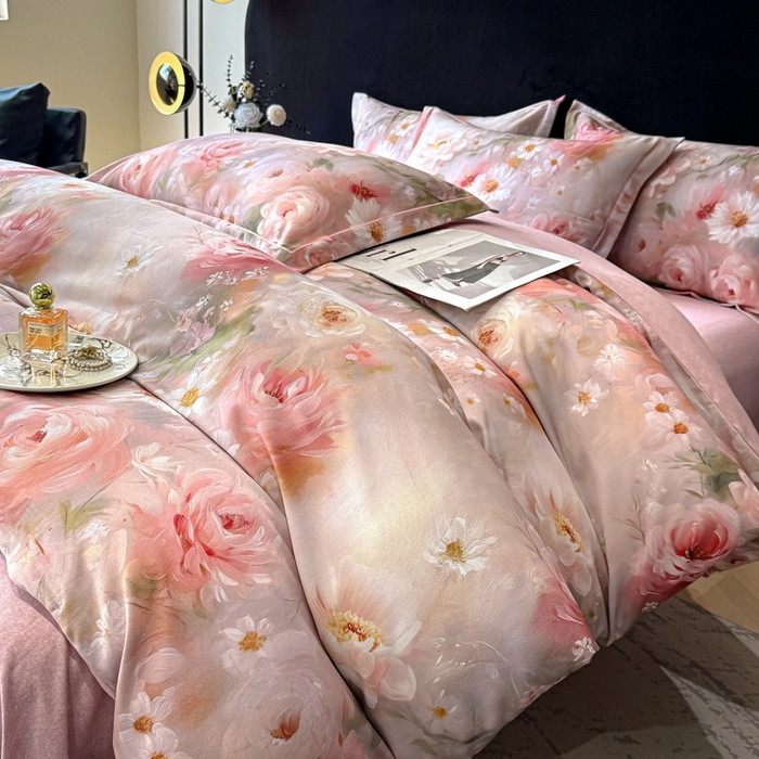 91家纺网 家纺一手货源 找家纺 喜四方 2025新款加厚天丝棉磨毛数码印花四件套 瑰丽-粉