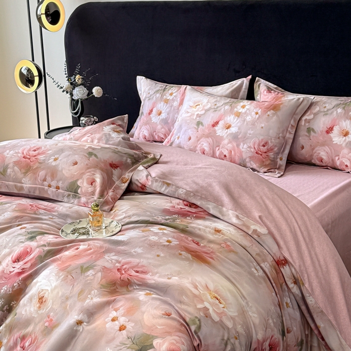 91家纺网 家纺一手货源 找家纺 喜四方 2025新款加厚天丝棉磨毛数码印花四件套 瑰丽-粉