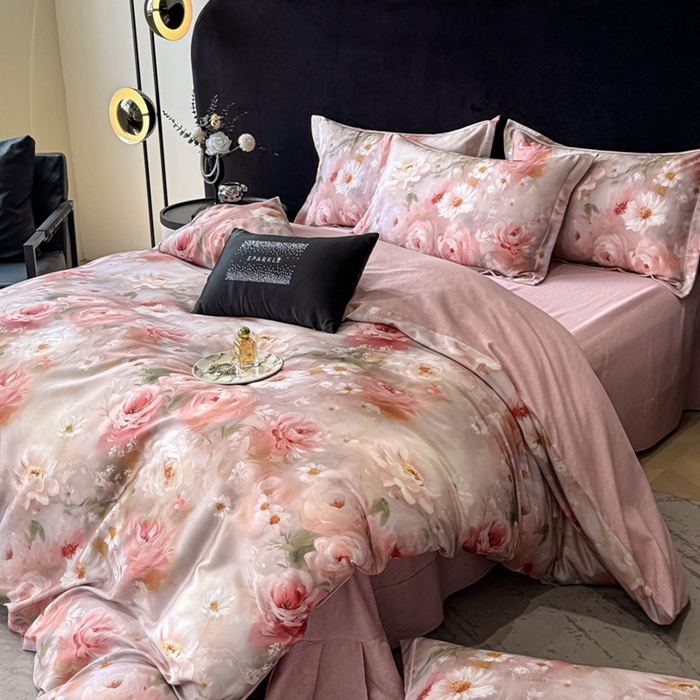 91家纺网 家纺一手货源 找家纺 喜四方 2025新款加厚天丝棉磨毛数码印花四件套 瑰丽-粉