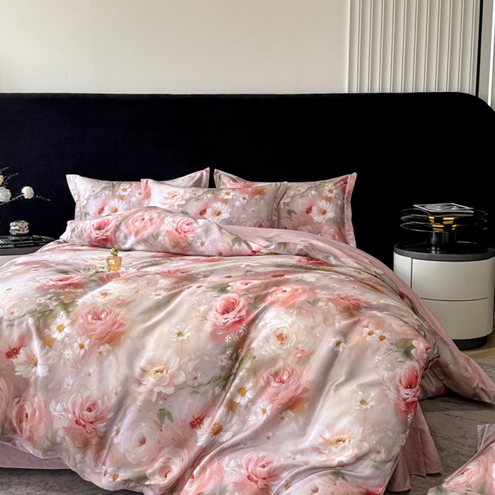 91家纺网 家纺一手货源 找家纺 喜四方 2025新款加厚天丝棉磨毛数码印花四件套 瑰丽-粉