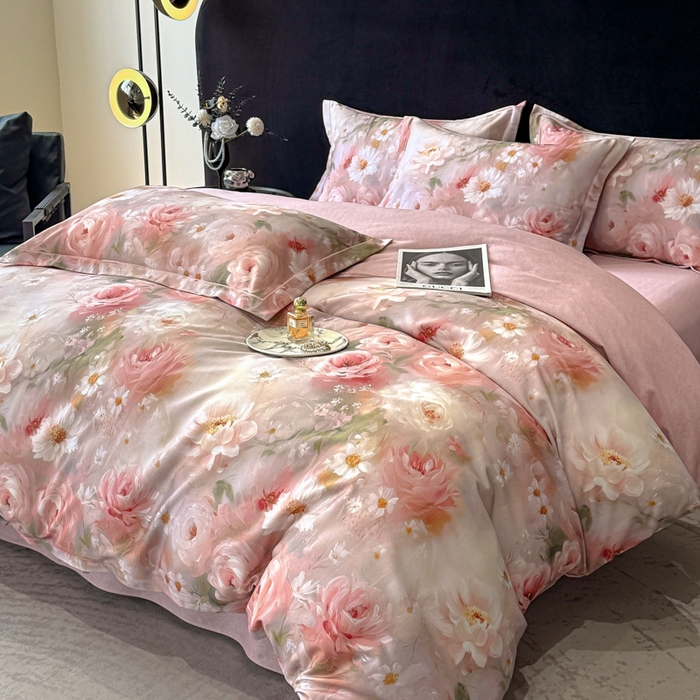 91家纺网 家纺一手货源 找家纺 喜四方 2025新款加厚天丝棉磨毛数码印花四件套 瑰丽-粉