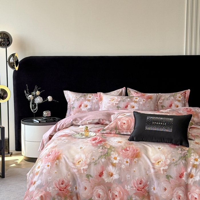 91家纺网 家纺一手货源 找家纺 喜四方 2025新款加厚天丝棉磨毛数码印花四件套 瑰丽-粉