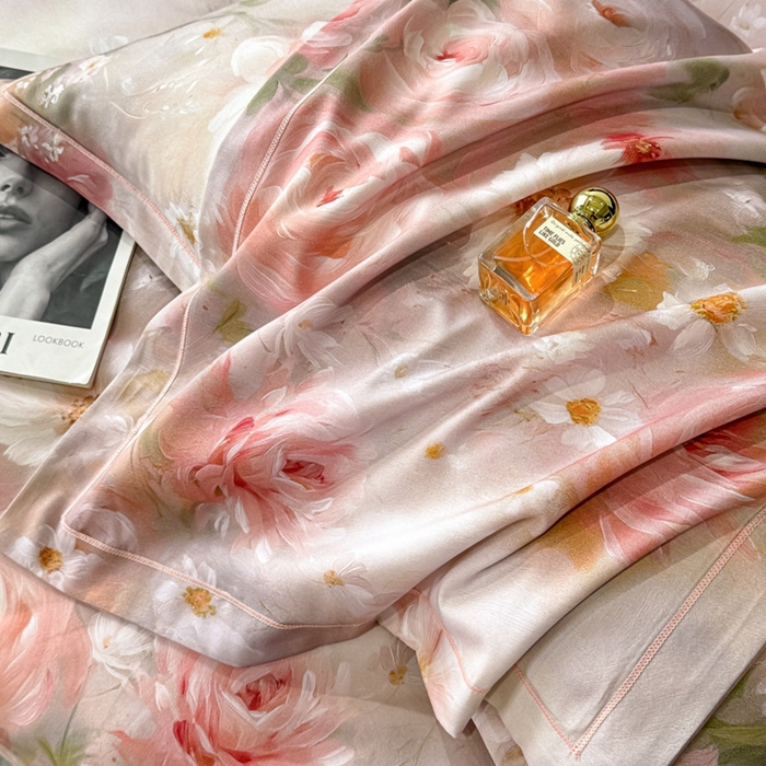 91家纺网 家纺一手货源 找家纺 喜四方 2025新款加厚天丝棉磨毛数码印花四件套 瑰丽-粉