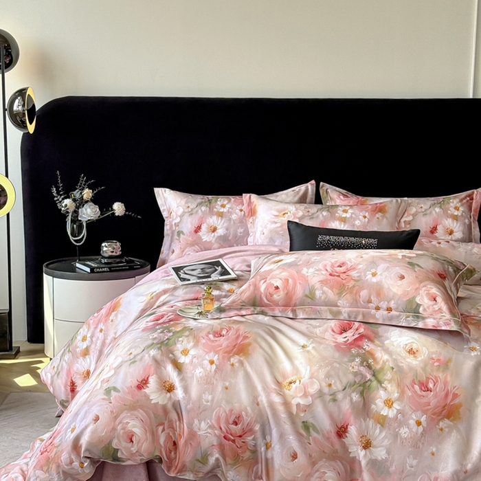 91家纺网 家纺一手货源 找家纺 喜四方 2025新款加厚天丝棉磨毛数码印花四件套 瑰丽-粉