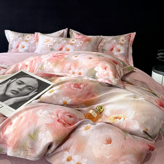 91家纺网 家纺一手货源 找家纺 喜四方 2025新款加厚天丝棉磨毛数码印花四件套 瑰丽-粉