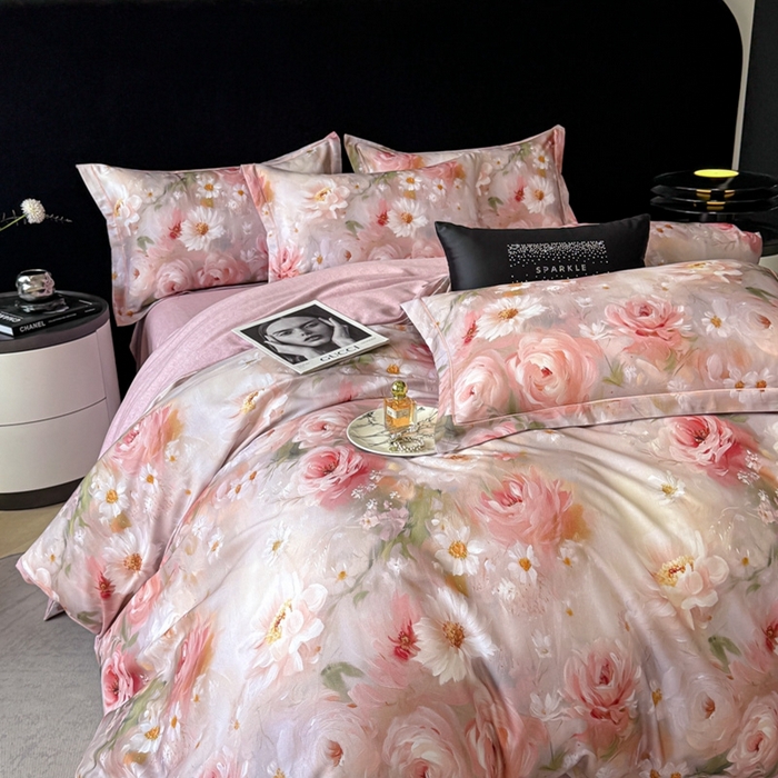 91家纺网 家纺一手货源 找家纺 喜四方 2025新款加厚天丝棉磨毛数码印花四件套 瑰丽-粉