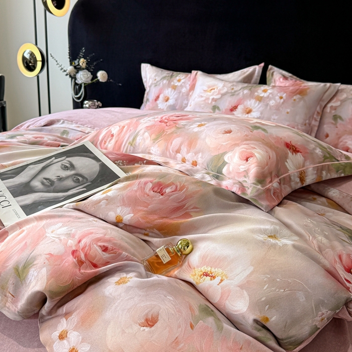 91家纺网 家纺一手货源 找家纺 喜四方 2025新款加厚天丝棉磨毛数码印花四件套 瑰丽-粉