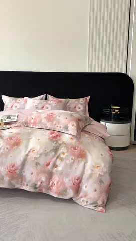 91家纺网 家纺一手货源 找家纺 喜四方 2025新款加厚天丝棉磨毛数码印花四件套 瑰丽-粉