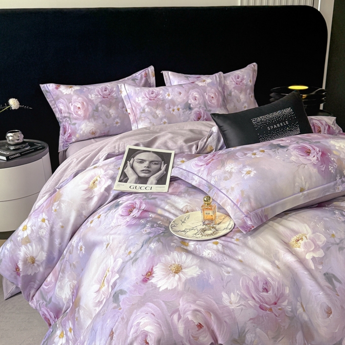 91家纺网 家纺一手货源 找家纺 喜四方 2025新款加厚天丝棉磨毛数码印花四件套 瑰丽-紫