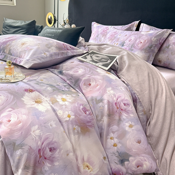 91家纺网 家纺一手货源 找家纺 喜四方 2025新款加厚天丝棉磨毛数码印花四件套 瑰丽-紫