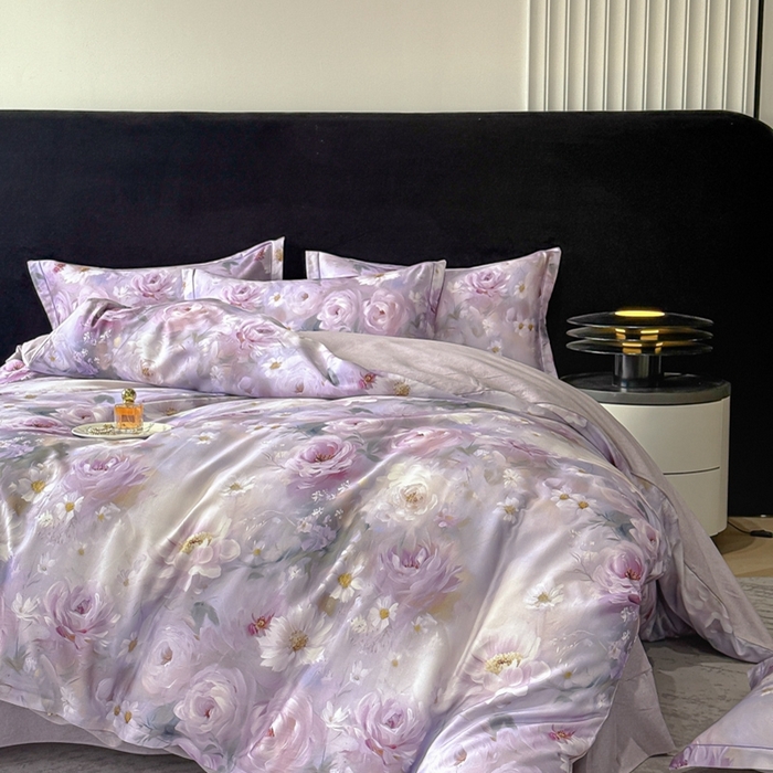 91家纺网 家纺一手货源 找家纺 喜四方 2025新款加厚天丝棉磨毛数码印花四件套 瑰丽-紫