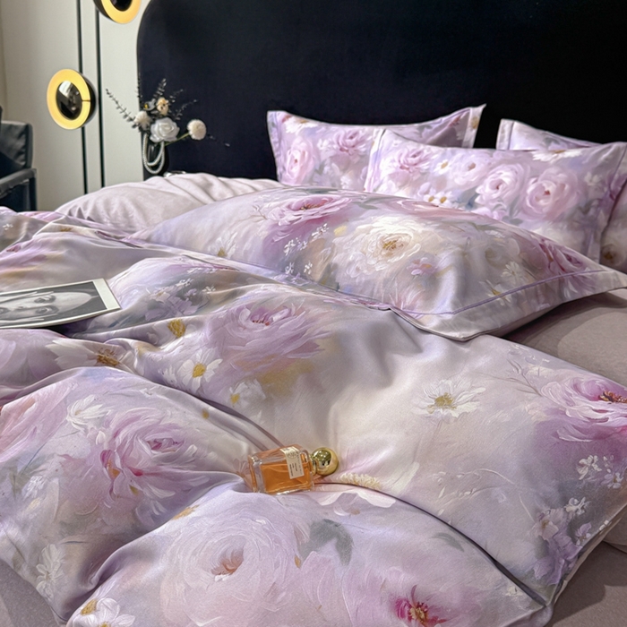 91家纺网 家纺一手货源 找家纺 喜四方 2025新款加厚天丝棉磨毛数码印花四件套 瑰丽-紫