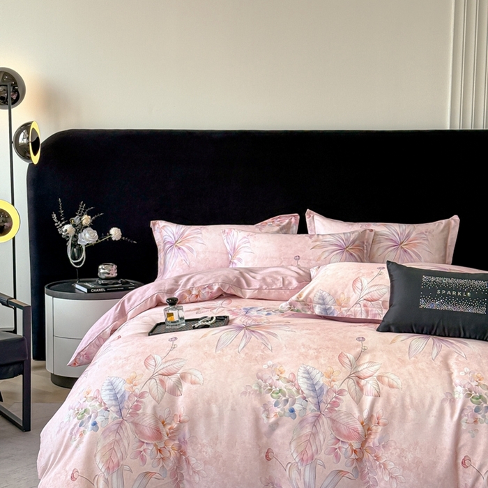 91家纺网 家纺一手货源 找家纺 喜四方 2025新款加厚天丝棉磨毛数码印花四件套 花黛露-粉