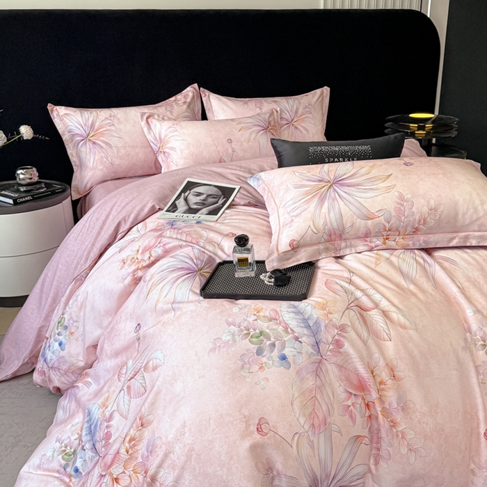 91家纺网 家纺一手货源 找家纺 喜四方 2025新款加厚天丝棉磨毛数码印花四件套 花黛露-粉