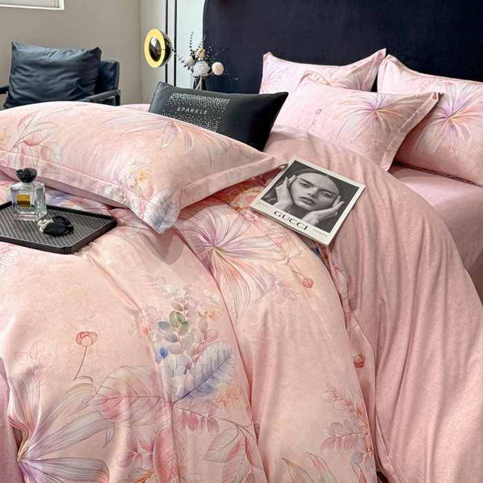 91家纺网 家纺一手货源 找家纺 喜四方 2025新款加厚天丝棉磨毛数码印花四件套 花黛露-粉