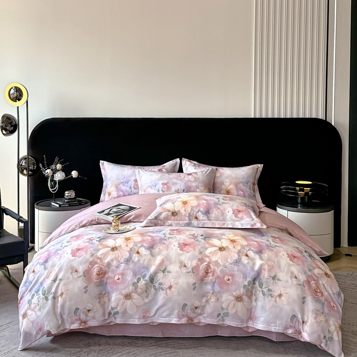 喜四方 2025新款加厚天丝棉磨毛数码印花四件套 花锦-粉