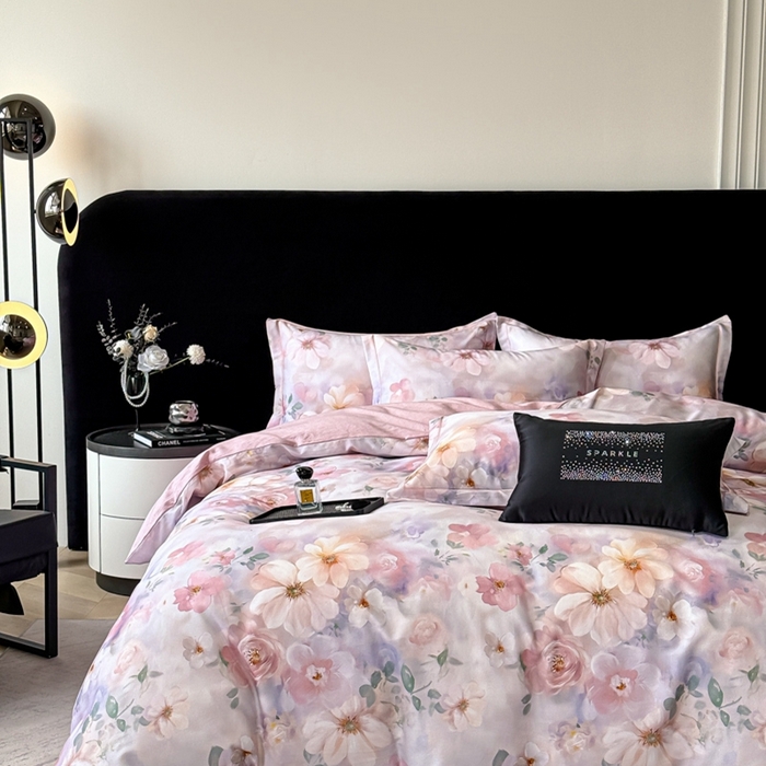 91家纺网 家纺一手货源 找家纺 喜四方 2025新款加厚天丝棉磨毛数码印花四件套 花锦-粉