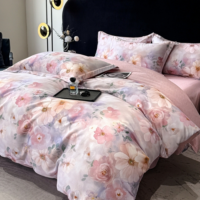 91家纺网 家纺一手货源 找家纺 喜四方 2025新款加厚天丝棉磨毛数码印花四件套 花锦-粉