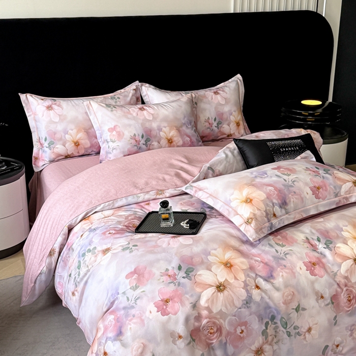 91家纺网 家纺一手货源 找家纺 喜四方 2025新款加厚天丝棉磨毛数码印花四件套 花锦-粉