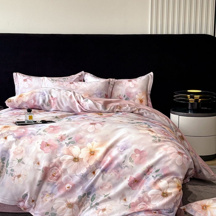 91家纺网 家纺一手货源 找家纺 喜四方 2025新款加厚天丝棉磨毛数码印花四件套 花锦-粉