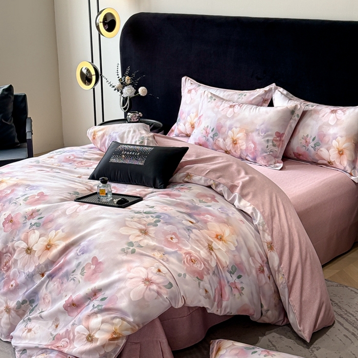 91家纺网 家纺一手货源 找家纺 喜四方 2025新款加厚天丝棉磨毛数码印花四件套 花锦-粉