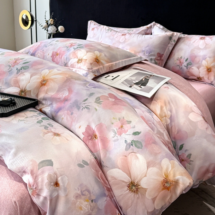 91家纺网 家纺一手货源 找家纺 喜四方 2025新款加厚天丝棉磨毛数码印花四件套 花锦-粉