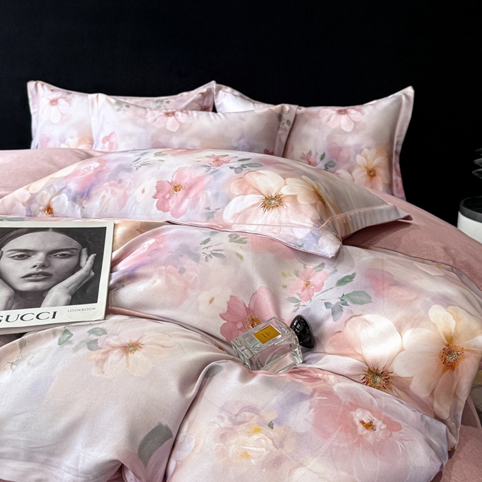 91家纺网 家纺一手货源 找家纺 喜四方 2025新款加厚天丝棉磨毛数码印花四件套 花锦-粉