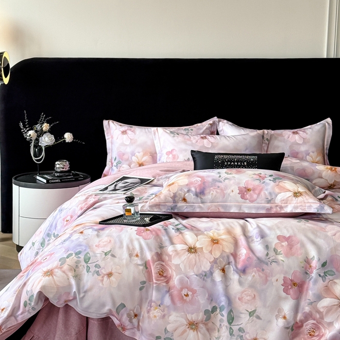 91家纺网 家纺一手货源 找家纺 喜四方 2025新款加厚天丝棉磨毛数码印花四件套 花锦-粉