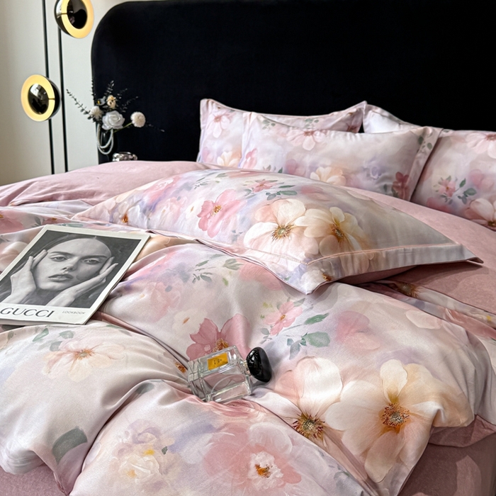 91家纺网 家纺一手货源 找家纺 喜四方 2025新款加厚天丝棉磨毛数码印花四件套 花锦-粉