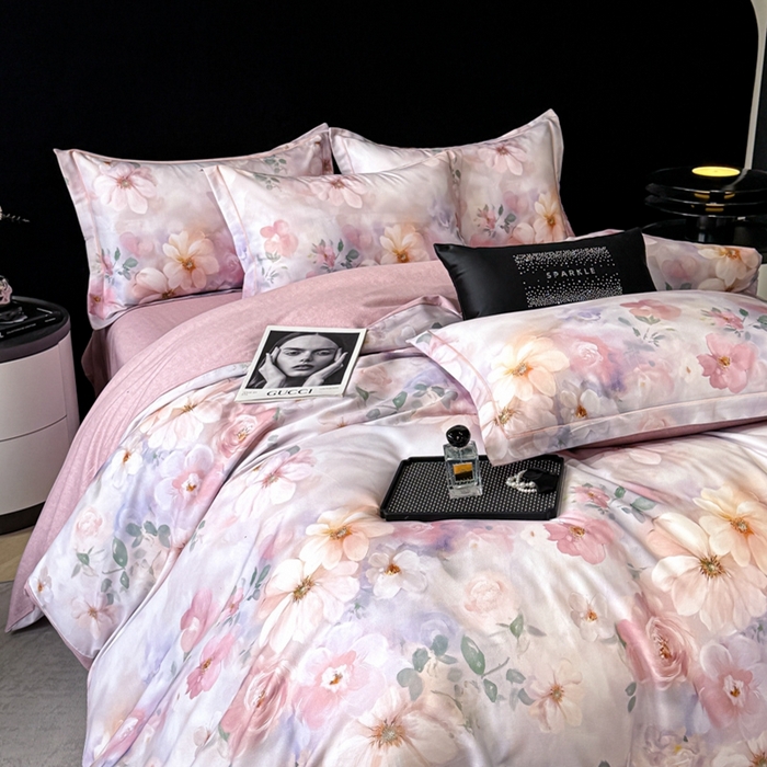 91家纺网 家纺一手货源 找家纺 喜四方 2025新款加厚天丝棉磨毛数码印花四件套 花锦-粉