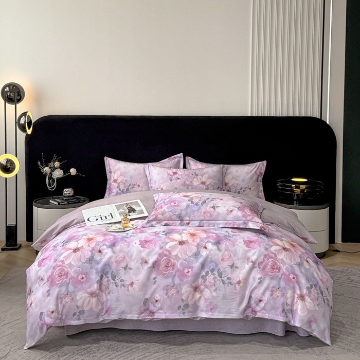 喜四方 2025新款加厚天丝棉磨毛数码印花四件套 花锦-紫