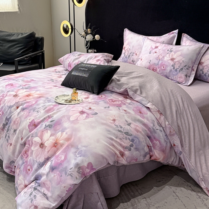 91家纺网 家纺一手货源 找家纺 喜四方 2025新款加厚天丝棉磨毛数码印花四件套 花锦-紫