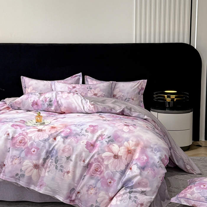 91家纺网 家纺一手货源 找家纺 喜四方 2025新款加厚天丝棉磨毛数码印花四件套 花锦-紫